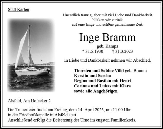 Traueranzeige von Inge Bramm von VRM Trauer