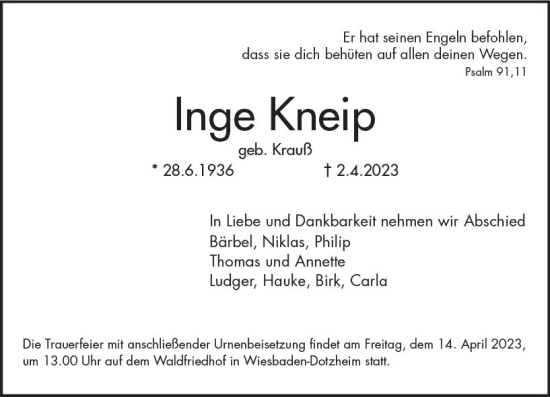 Traueranzeige von Inge Kneip von Wiesbadener Kurier