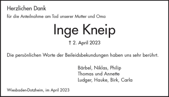 Traueranzeige von Inge Kneip von Wiesbadener Kurier