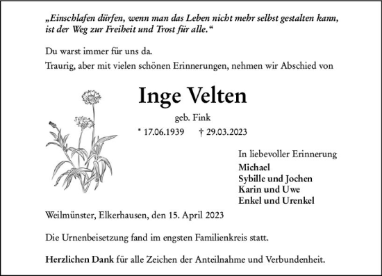 Traueranzeige von Inge Velten von Weilburger Tageblatt