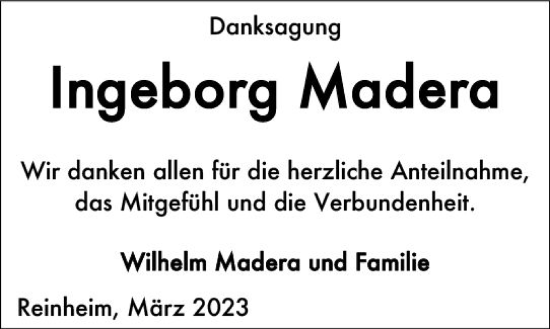 Traueranzeige von Ingeborg Madera von Darmstädter Echo