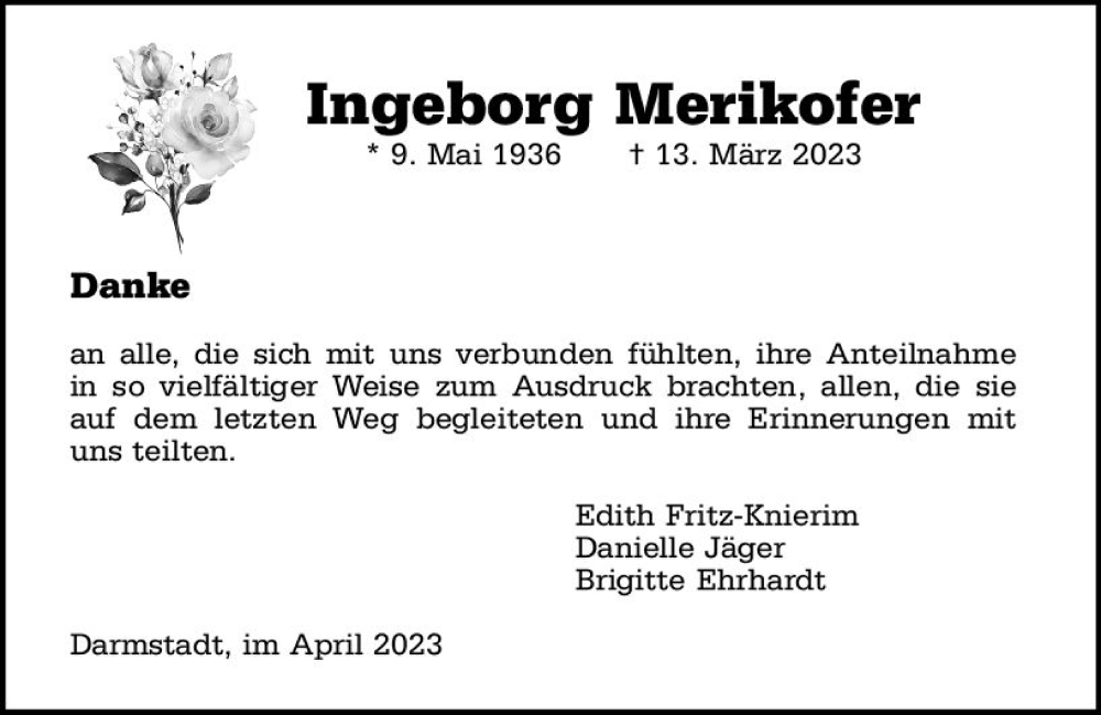  Traueranzeige für Ingeborg Merikofer vom 29.04.2023 aus Darmstädter Echo