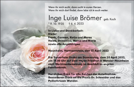 Traueranzeige von Inge Luise Brömer von Wetzlarer Neue Zeitung