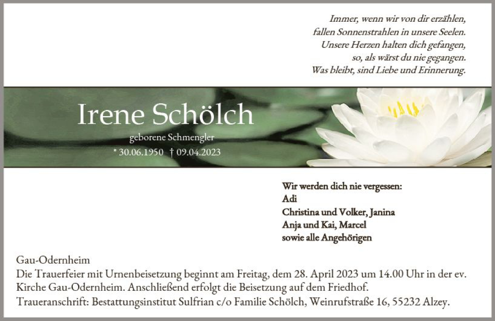  Traueranzeige für Irene Schölch vom 22.04.2023 aus Allgemeine Zeitung Alzey