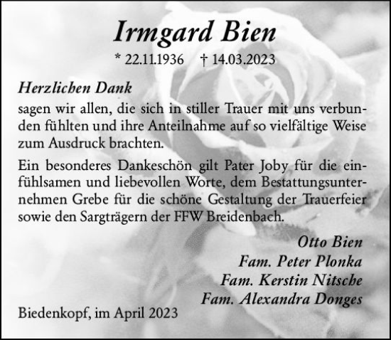 Traueranzeige von Irmgard Bien von Hinterländer Anzeiger