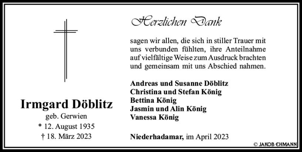  Traueranzeige für Irmgard Döblitz vom 29.04.2023 aus Nassauische Neue Presse
