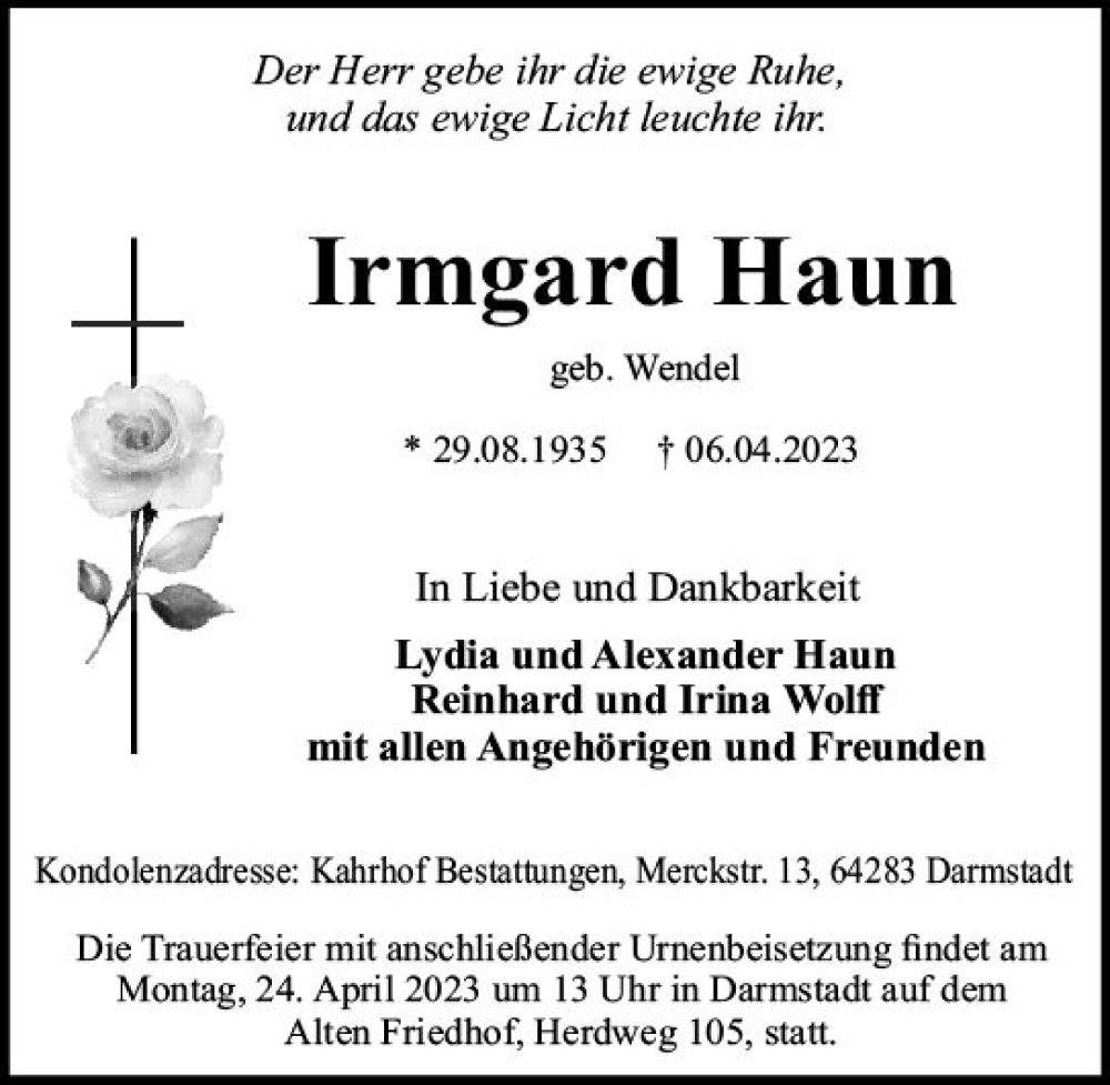  Traueranzeige für Irmgard Haun vom 15.04.2023 aus Darmstädter Echo