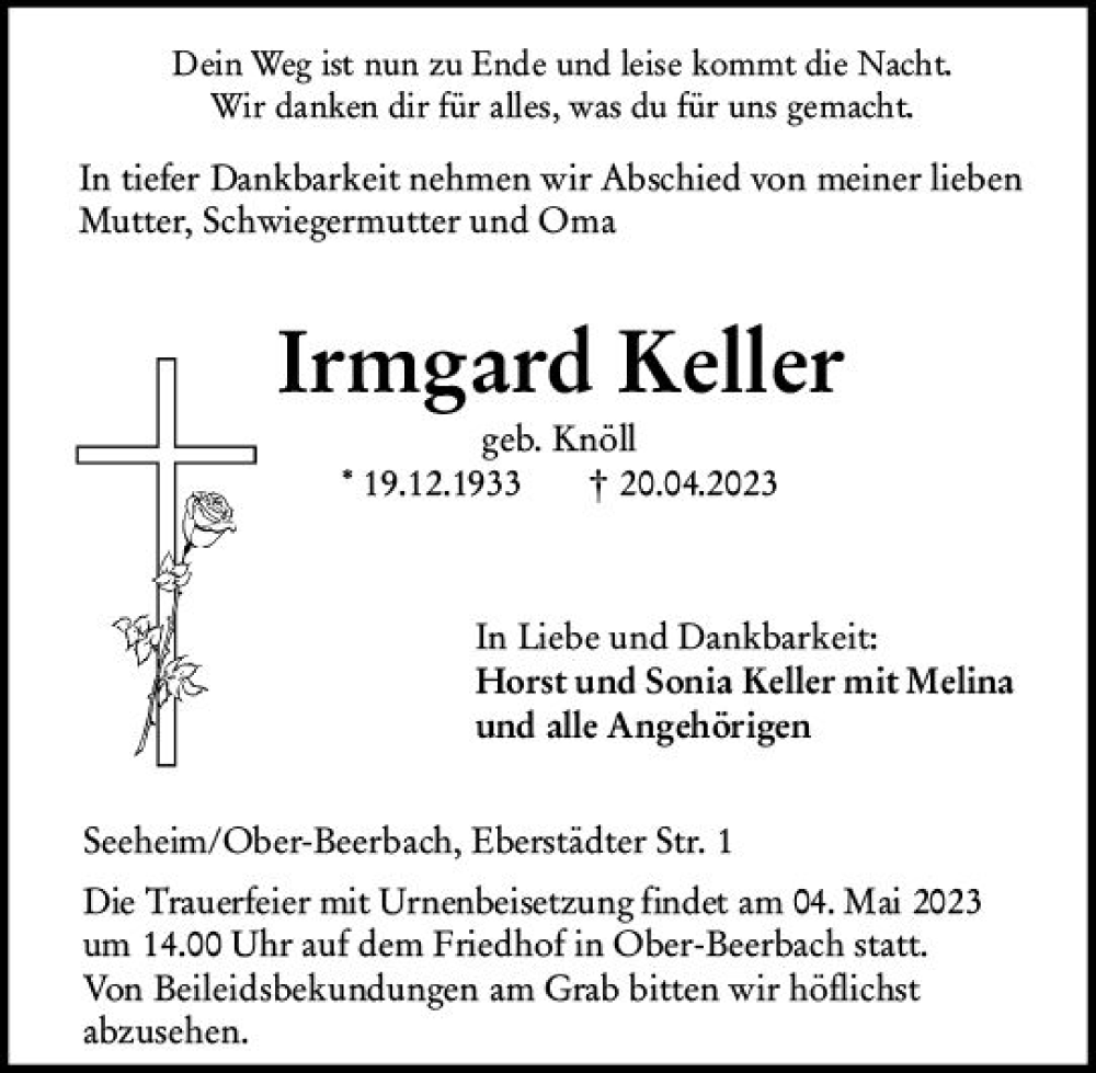  Traueranzeige für Irmgard Keller vom 29.04.2023 aus Darmstädter Echo