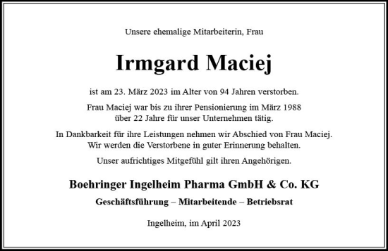 Traueranzeige von Irmgard Maciej von Allgemeine Zeitung Bingen/Ingelheim