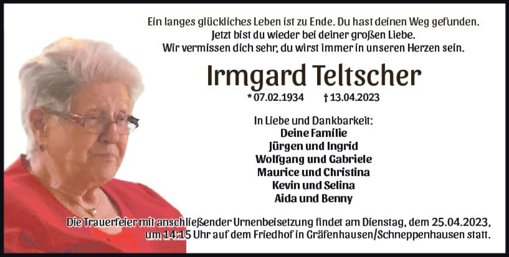  Traueranzeige für Irmgard Teltscher vom 22.04.2023 aus Darmstädter Echo