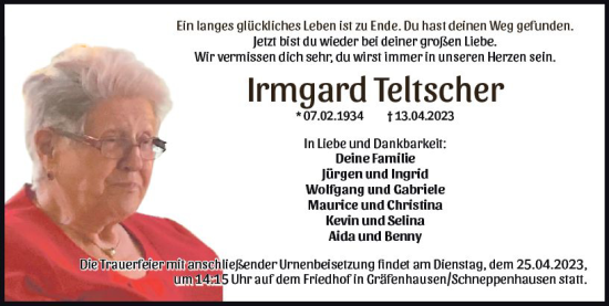 Traueranzeige von Irmgard Teltscher von Darmstädter Echo