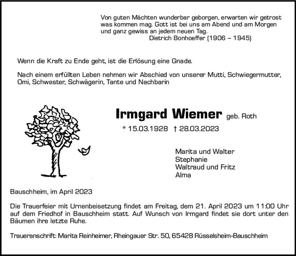  Traueranzeige für Irmgard Wiemer vom 15.04.2023 aus Rüsselsheimer Echo