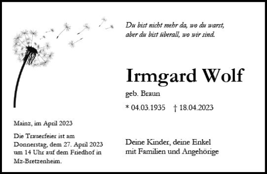 Traueranzeige von Irmgard Wolf von Allgemeine Zeitung Mainz