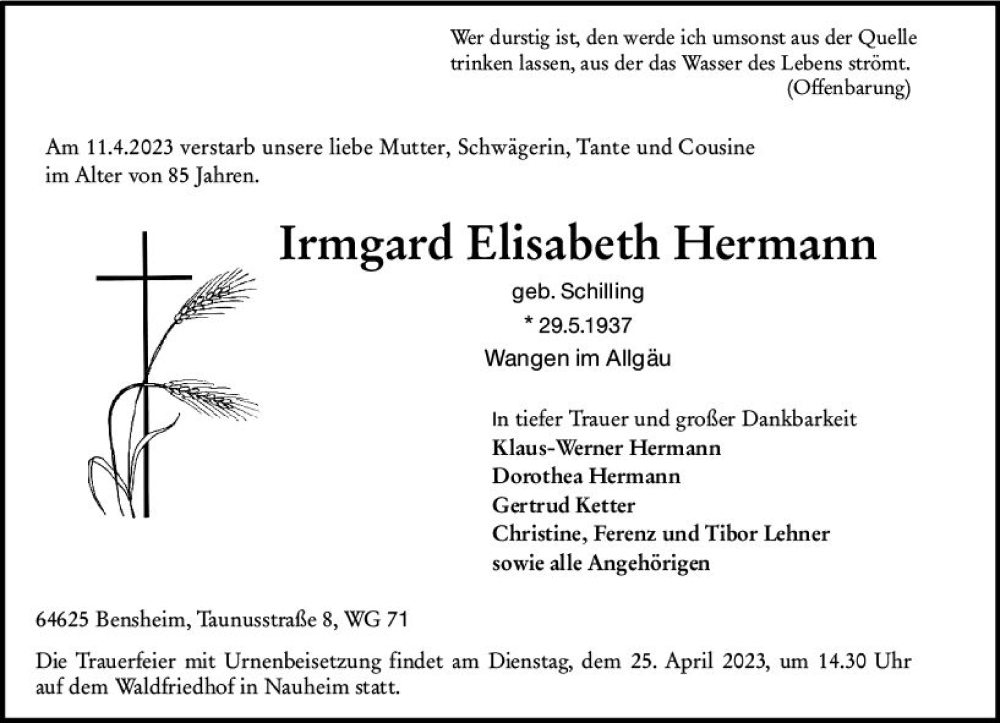  Traueranzeige für Irmgard Elisabeth Hermann vom 22.04.2023 aus Rüsselsheimer Echo