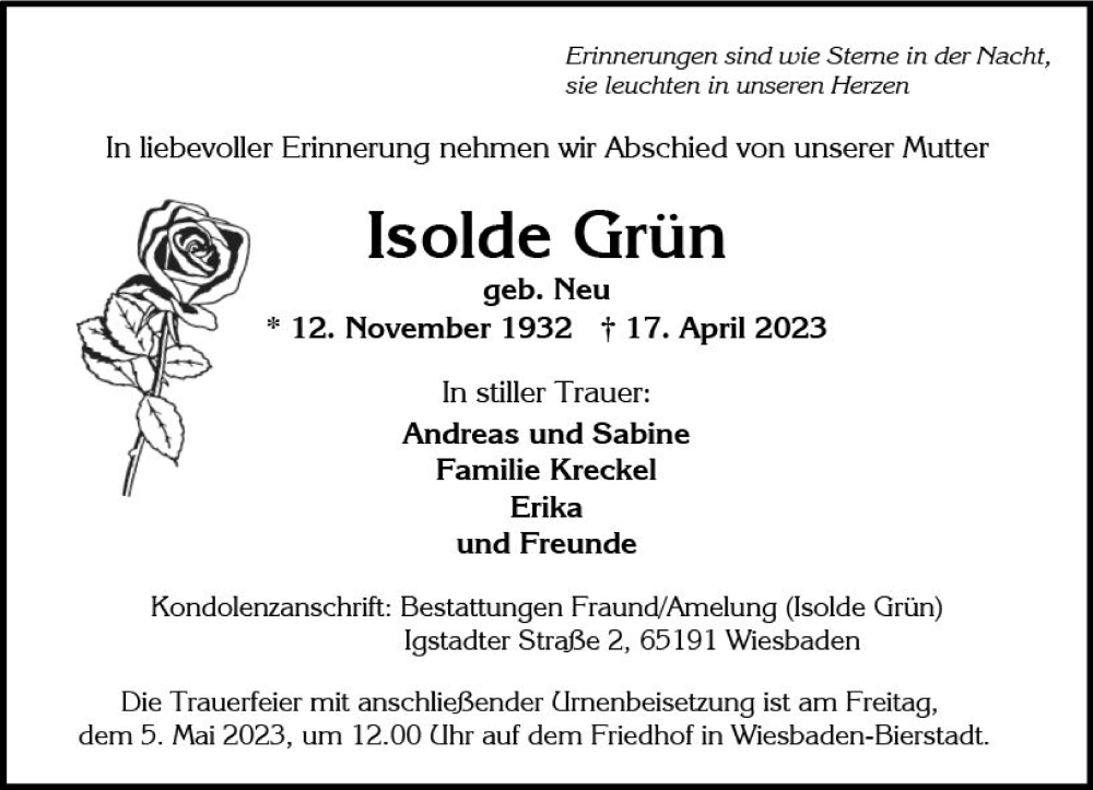  Traueranzeige für Isolde Grün vom 29.04.2023 aus Wiesbadener Kurier