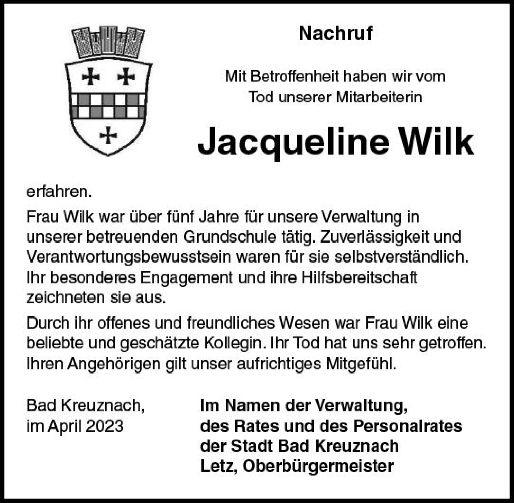  Traueranzeige für Jacqueline Wilk vom 08.04.2023 aus Allgemeine Zeitung Bad Kreuznach