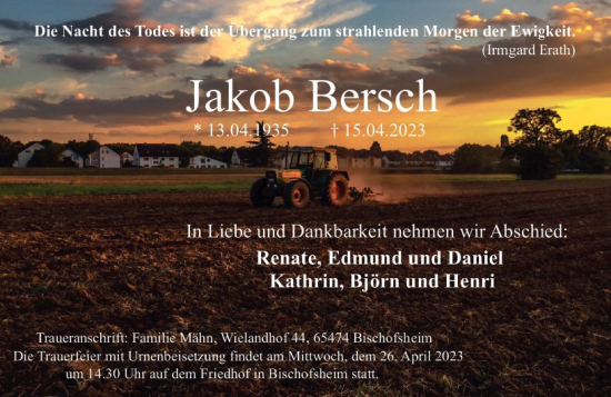 Traueranzeige von Jakob Bersch von Rüsselsheimer Echo