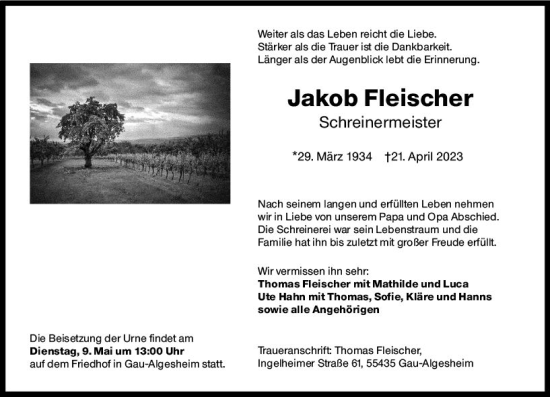Traueranzeige von Jakob Fleischer von Allgemeine Zeitung Bingen/Ingelheim