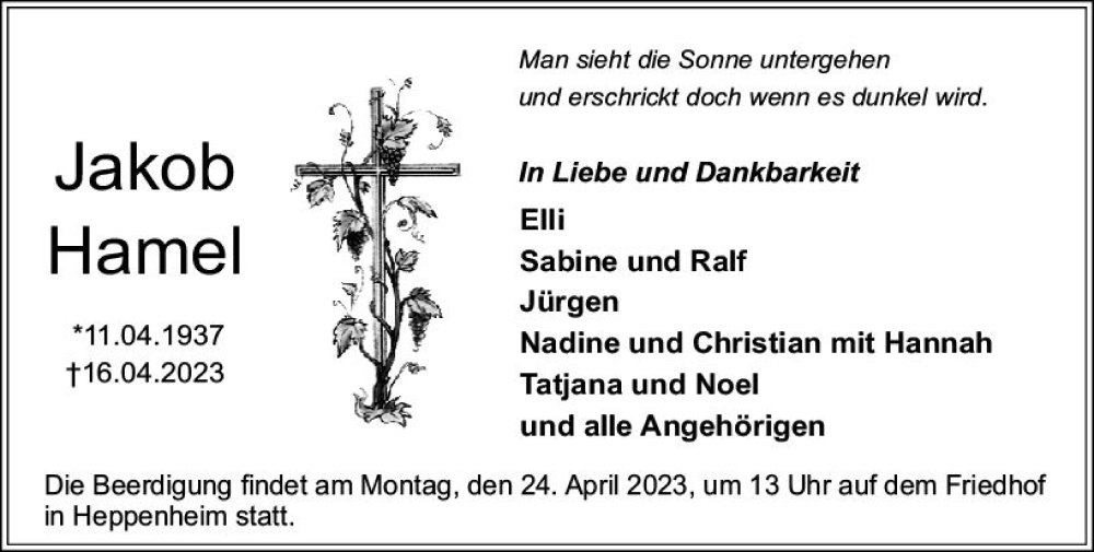  Traueranzeige für Jakob Hamel vom 22.04.2023 aus Starkenburger Echo