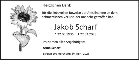 Traueranzeige von Jakob Scharf von Bingen/Ingelheim WOBL inkl. Neue Binger Ztg.