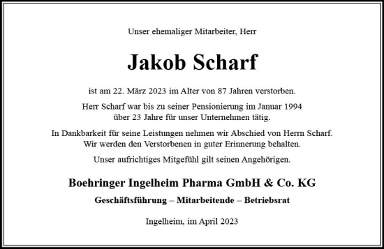 Traueranzeige von Jakob Scharf von Allgemeine Zeitung Bingen/Ingelheim