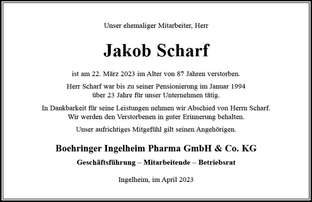  Traueranzeige für Jakob Scharf vom 06.04.2023 aus Allgemeine Zeitung Bingen/Ingelheim