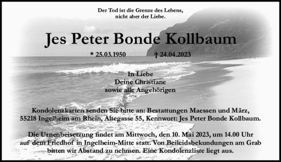 Traueranzeige von Jes Peter Bonde Kollbaum von Allgemeine Zeitung Bingen/Ingelheim
