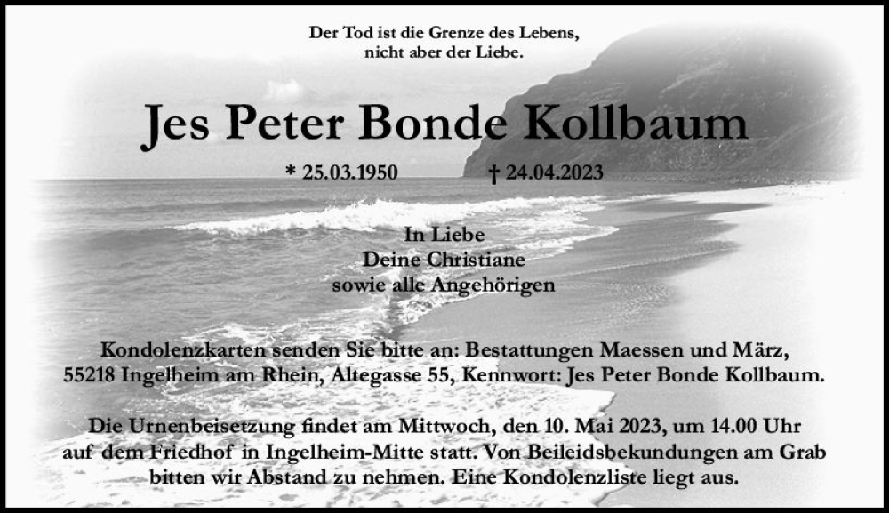  Traueranzeige für Jes Peter Bonde Kollbaum vom 29.04.2023 aus Allgemeine Zeitung Bingen/Ingelheim