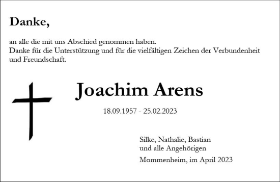 Traueranzeige von Joachim Arens von Allgemeine Zeitung Mainz
