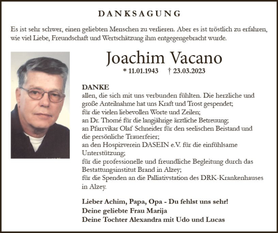Traueranzeige von Joachim Vacano von Allgemeine Zeitung Alzey