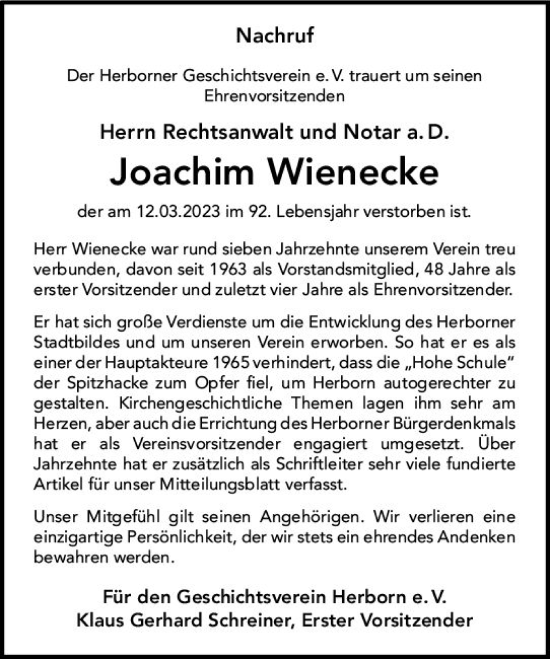 Traueranzeige von Joachim Wienecke von Dill Block