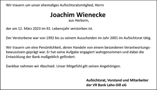 Traueranzeige von Joachim Wienecke von Dill Block