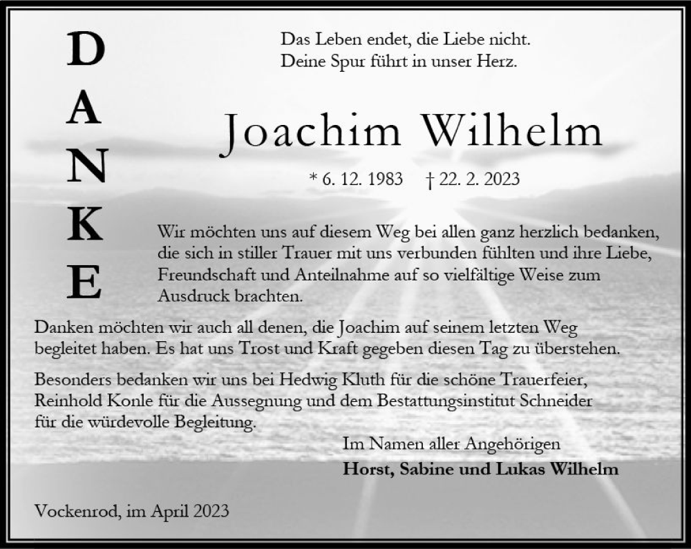  Traueranzeige für Joachim Wilhelm vom 22.04.2023 aus Oberhessen Kurier