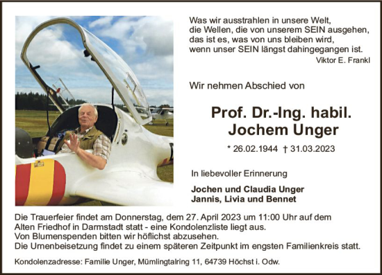 Traueranzeige von Jochem Unger von Odenwälder Echo
