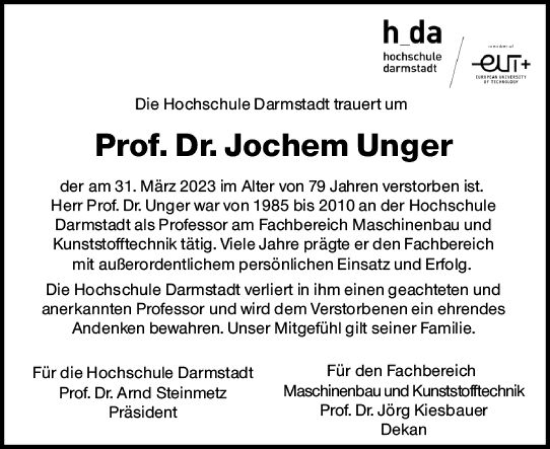 Traueranzeige von Jochem Unger von Darmstädter Echo