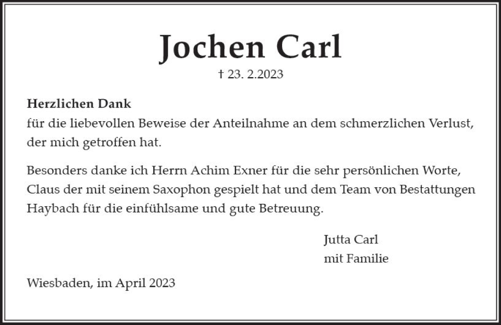  Traueranzeige für Jochen Carl vom 08.04.2023 aus Wiesbadener Kurier