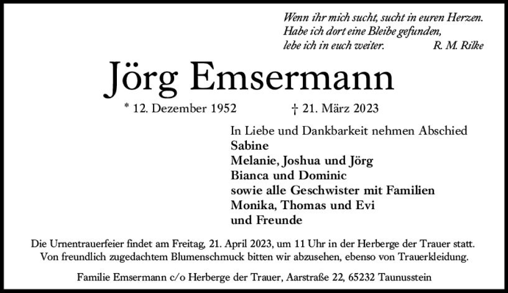  Traueranzeige für Jörg Emsermann vom 15.04.2023 aus Wiesbadener Kurier