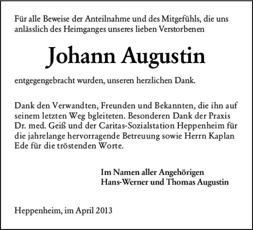  Traueranzeige für Johann Augustin vom 08.04.2023 aus Starkenburger Echo
