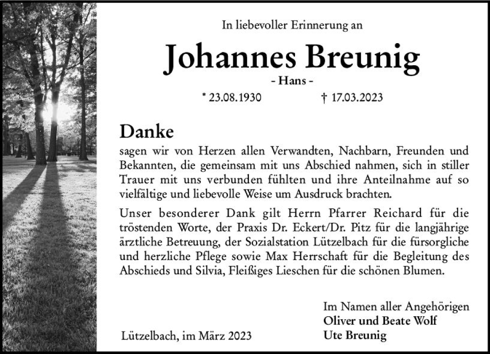  Traueranzeige für Johannes Breunig vom 08.04.2023 aus Odenwälder Echo