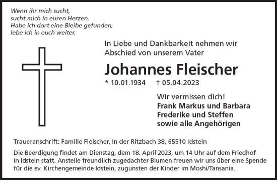 Traueranzeige von Johannes Fleischer von Idsteiner Land/Untertaunus