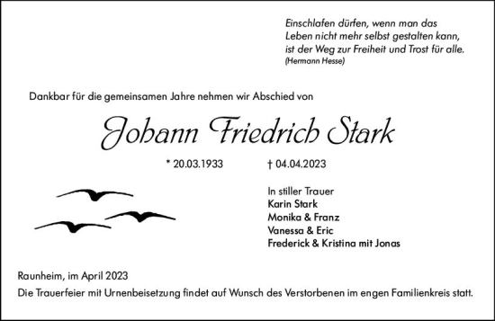 Traueranzeige von Johann Freidrich Stark von Rüsselsheimer Echo