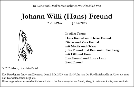 Traueranzeige von Johann Willi  Freund von Allgemeine Zeitung Alzey