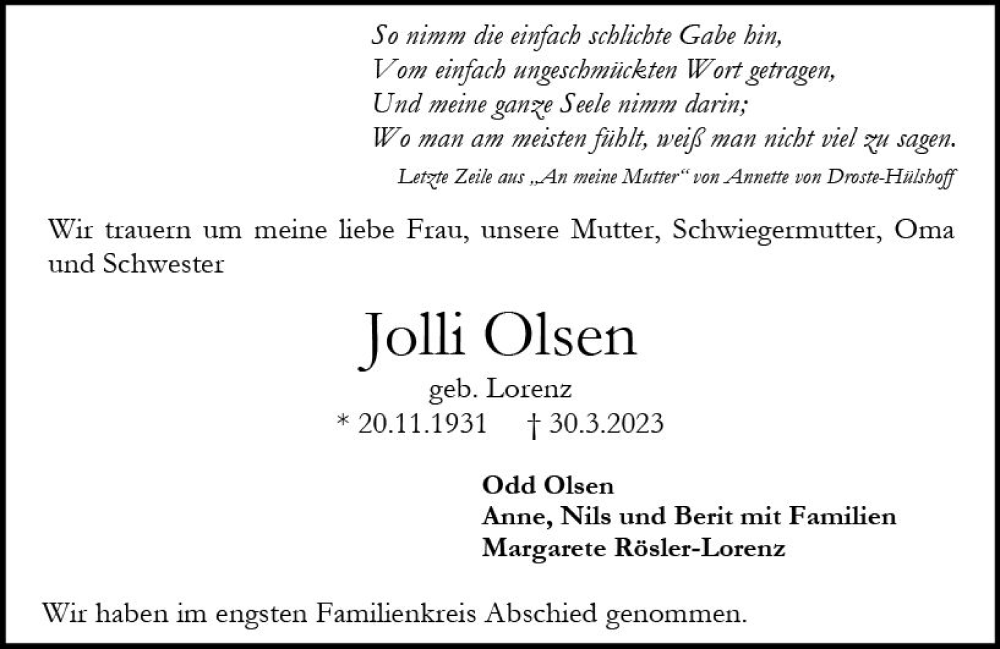  Traueranzeige für Jolli Olsen vom 15.04.2023 aus Darmstädter Echo