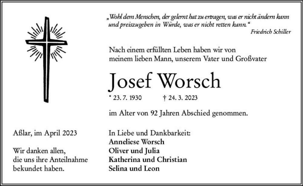  Traueranzeige für Josef Worsch vom 08.04.2023 aus Wetzlarer Neue Zeitung