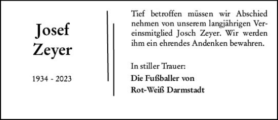 Traueranzeige von Josef Zeyer von Darmstädter Echo