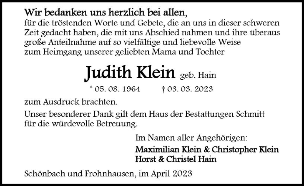  Traueranzeige für Judith Klein vom 20.04.2023 aus Dill Block