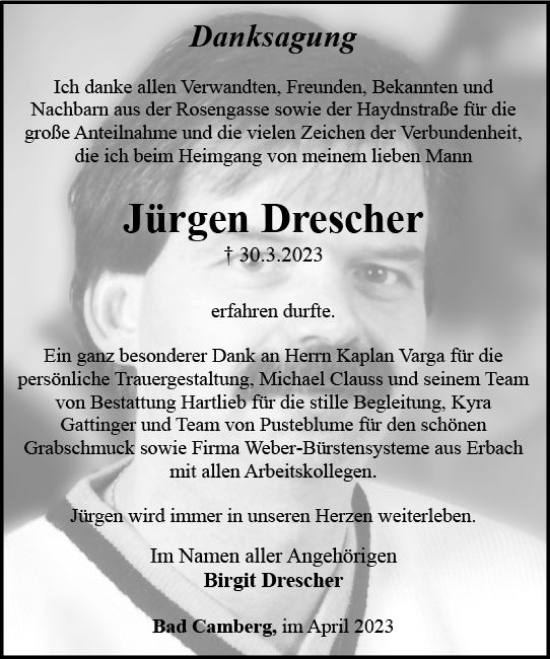 Traueranzeige von Jürgen Drescher von Camberger Anzeiger