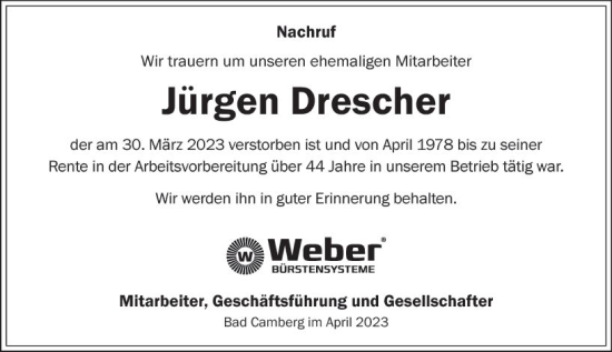 Traueranzeige von Jürgen Drescher von Camberger Anzeiger