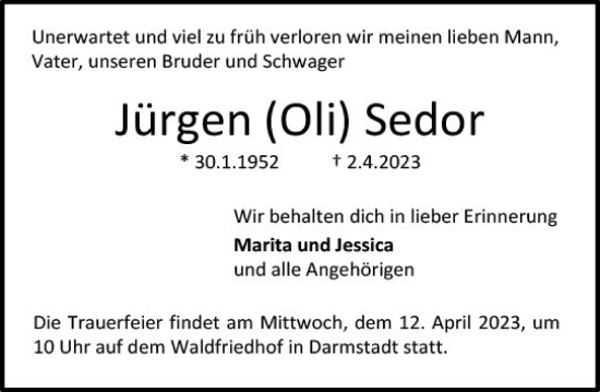 Traueranzeige von Jürgen Sedor von Darmstädter Echo