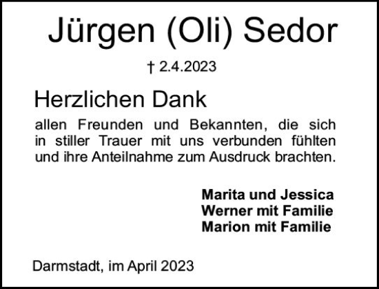 Traueranzeige von Jürgen Sedor von Darmstädter Echo
